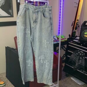 Vintage Men's Light Blue Jeans with Cross Embroidery
